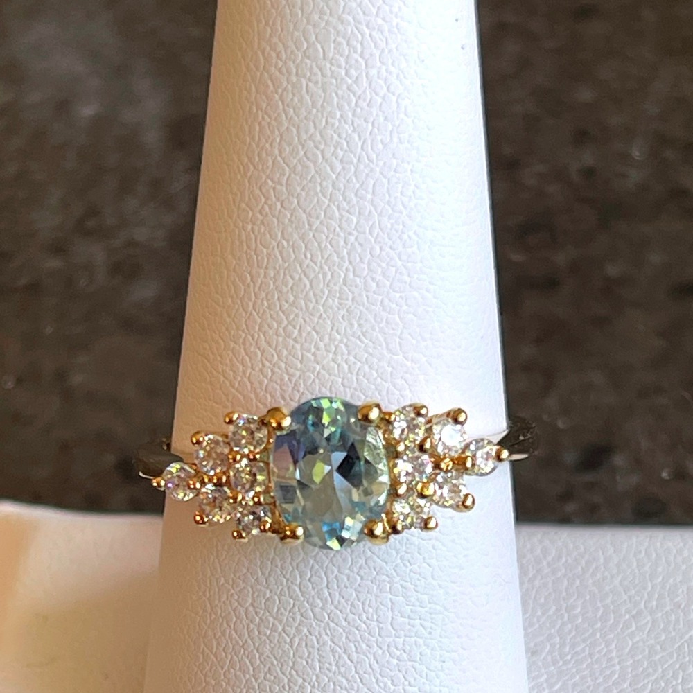 925 Sterling Silver Gold-Plated Ring w/‎ Oval Aquamarine & CZ Accent Stones SZ 9